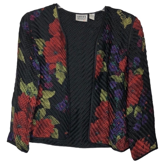 Chico's Size 0 - Vintage 100% Silk Woven Ribbon Floral Open Front Jacket - Small - Picture 3 of 8